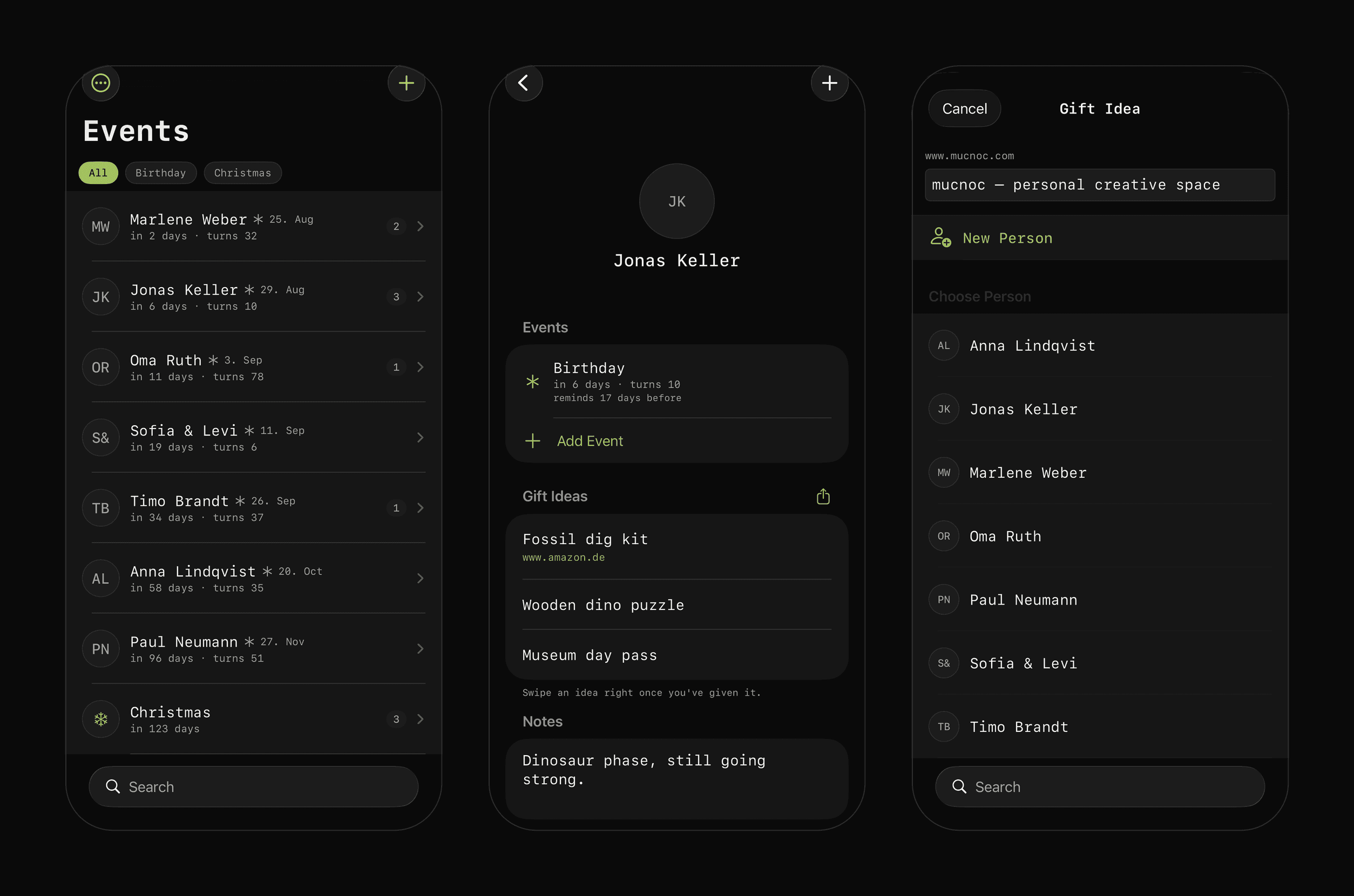 Three screens: the events list, one person's card, and an idea being shared in from Safari.