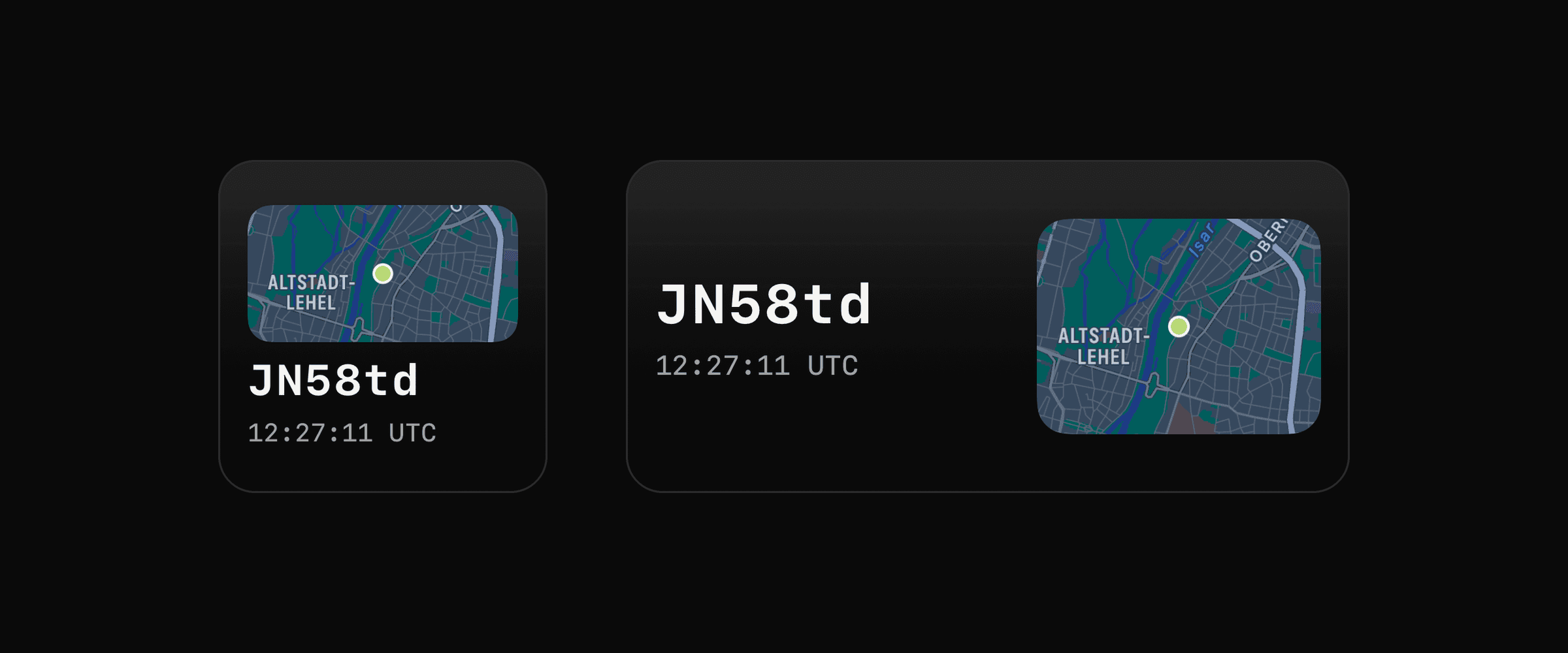 Das kleine und das mittlere Widget von HamGrid, beide mit dem Locator JN58td, der UTC-Zeit und einer dunklen Karte