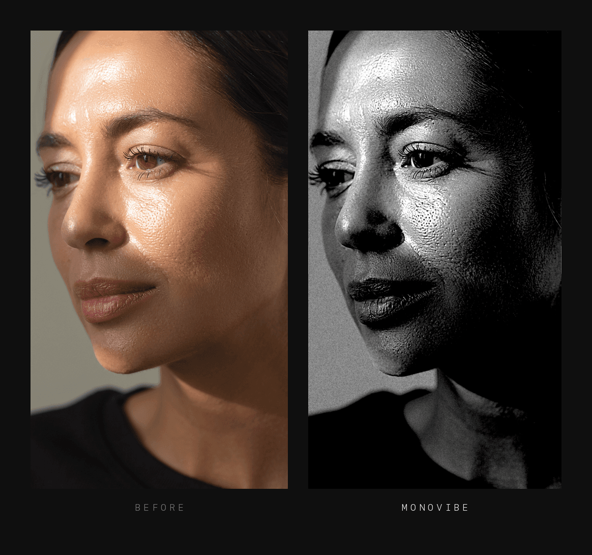 The same portrait in colour and as a high-contrast black and white photograph made with MonoVibe