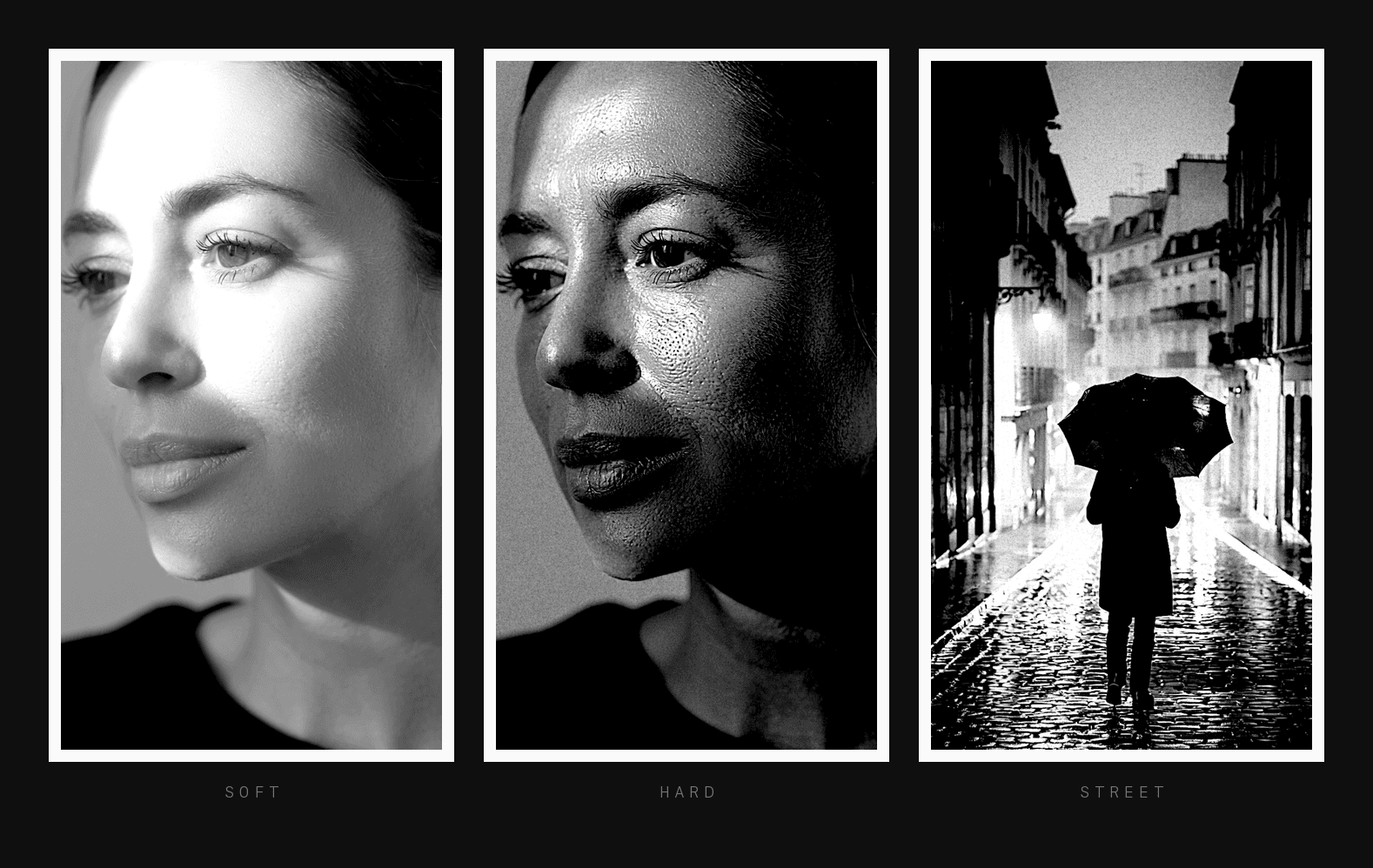 Three photographs in different MonoVibe looks: soft, hard, and street