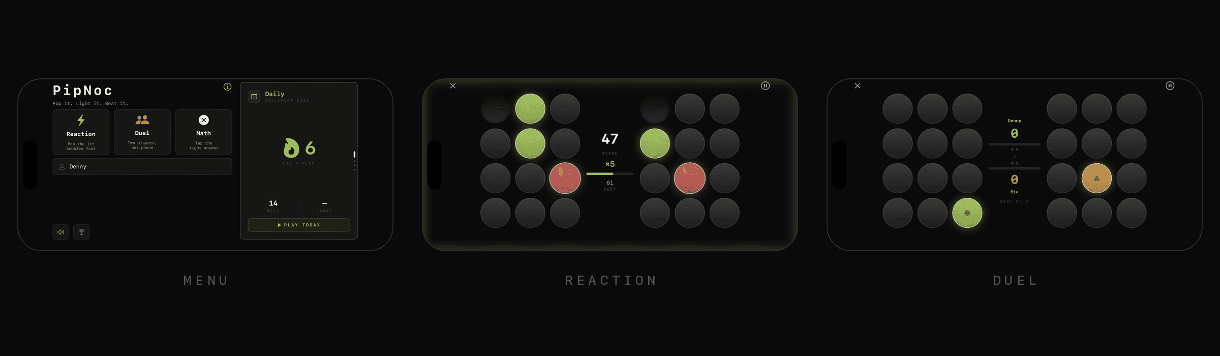 Three screens from PipNoc: the menu, a reaction round, and a two-player duel